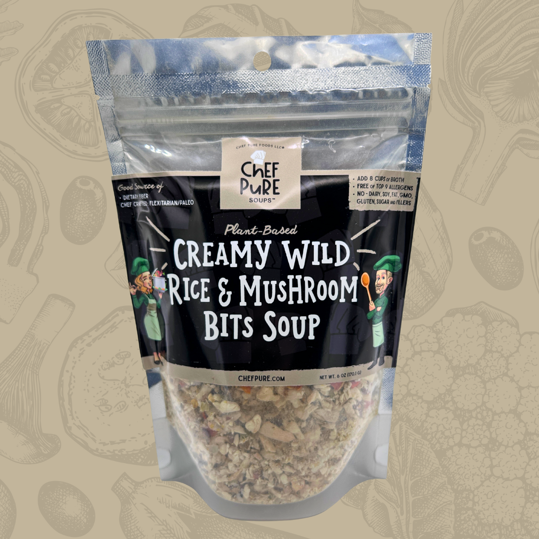 Packaged soup mix labeled 'Creamy Wild Rice & Mushroom Bits Soup' by Chef Pure on a beige background.