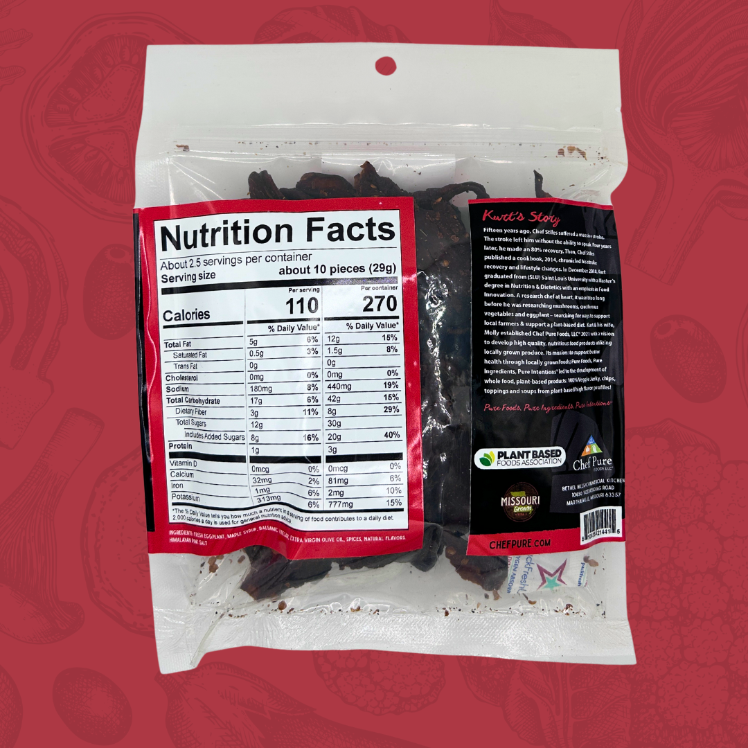 Packaged dried eggplant bacon jerky with nutritional facts label on a red background