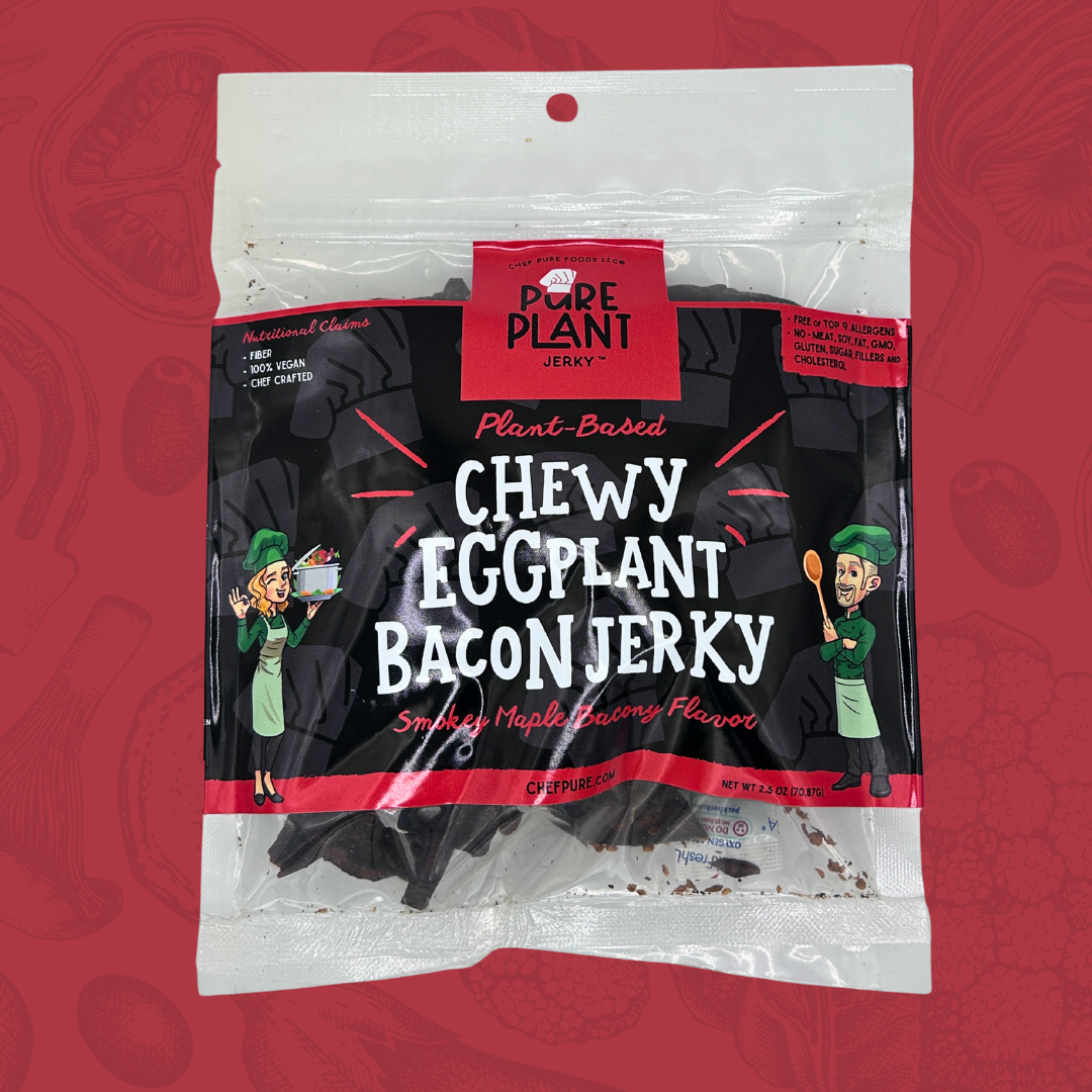 Packaged chewy eggplant vegan bacon jerky with 'Pure Plant' branding on a red background.