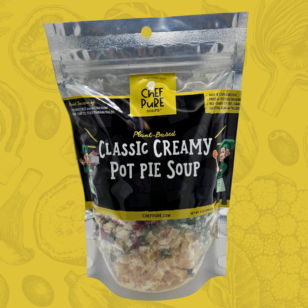 Packaged plant-based classic creamy pot pie soup with Chef Pure label on a yellow background