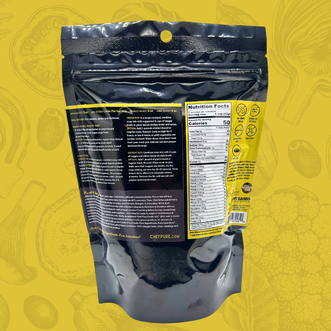 Black and yellow food packaging with nutritional information on a yellow background