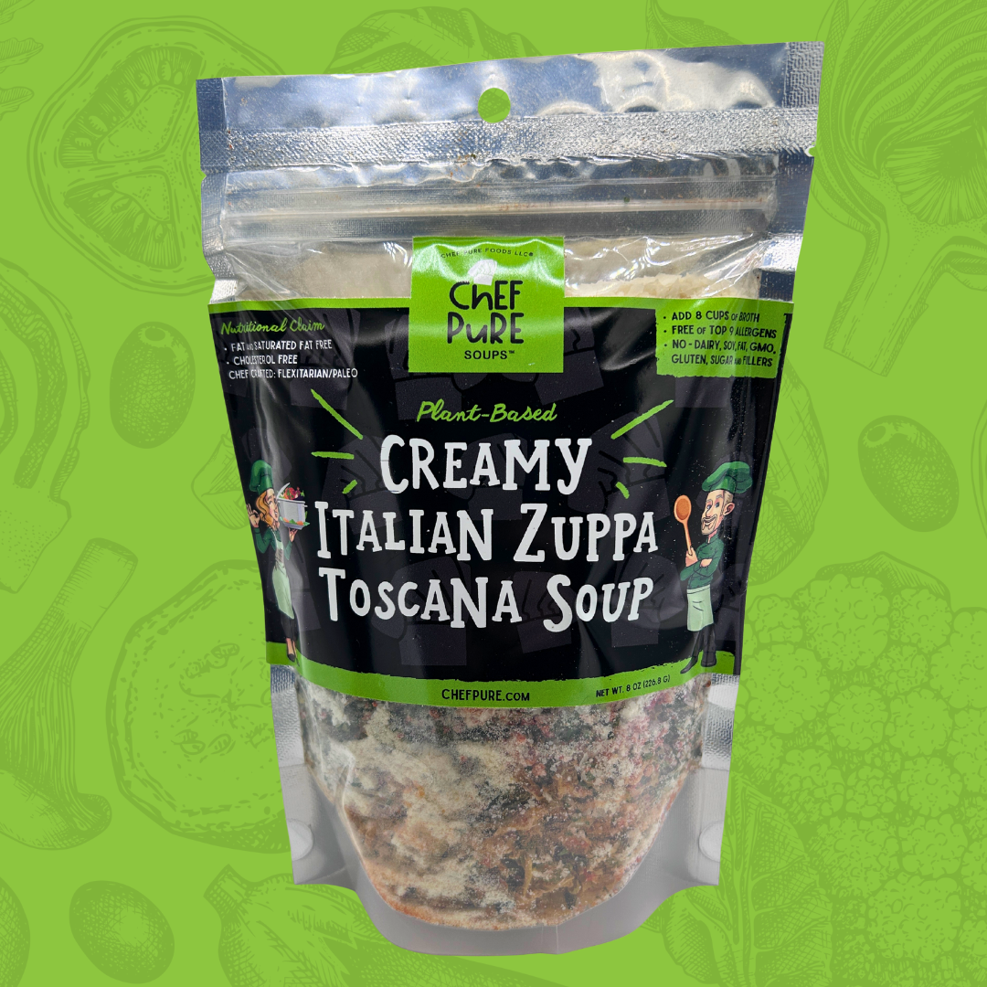 Package of Chef Pure Creamy Italian Zuppa Toscana Soup on a green background