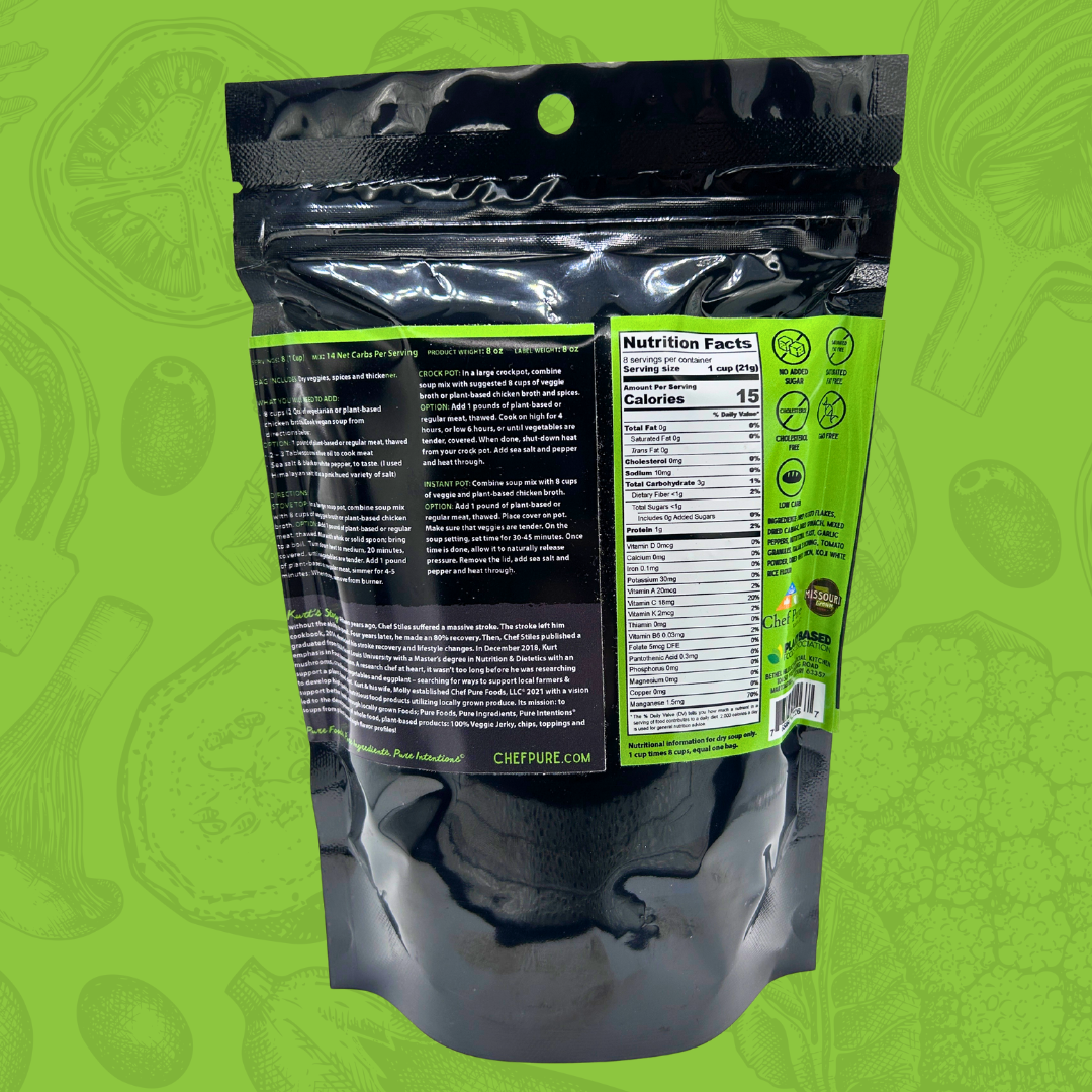 Black packaging with green label on a green background for Chef Pure Soup.