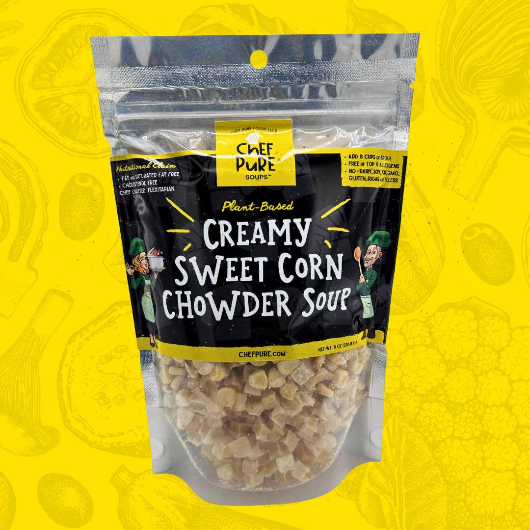 Package of Chef Pure Creamy Sweet Corn Chowder Soup on a yellow background