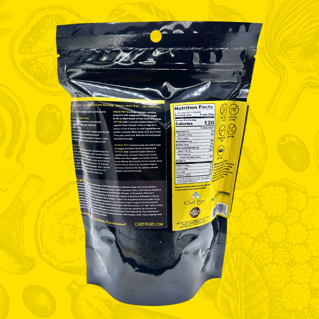 Black and yellow package with nutritional information on a yellow background