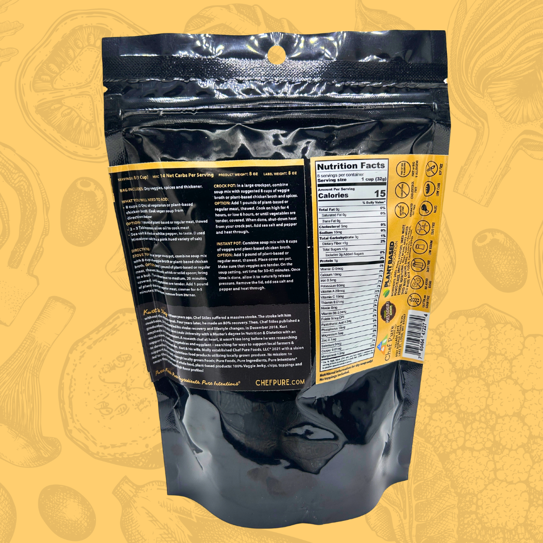 Black plastic package of white bean chili with nutrition label on a yellow background